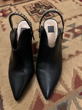 White House Black Market Black Pointed Slingback Mules with Chain Strap. Sz 8.5